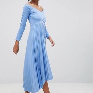 ASOS DESIGN Blue scuba bardot pleated midi dress